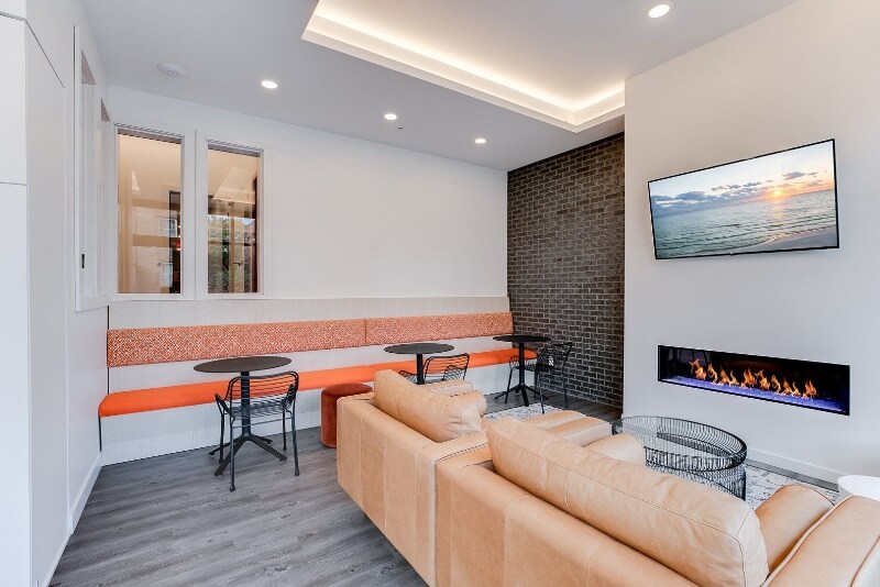 the community seating area with a fireplace