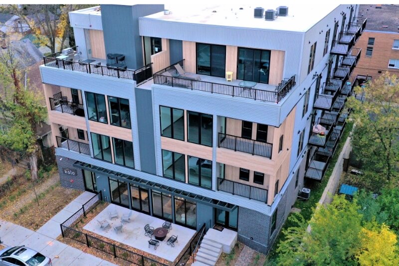 a arial view of the front of the Kolo Apartments building